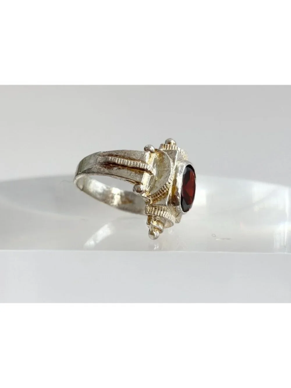 Art Deco Garnet Gemstone Geometric Sterling Silver 925 Vintage Ring - sz 8.75